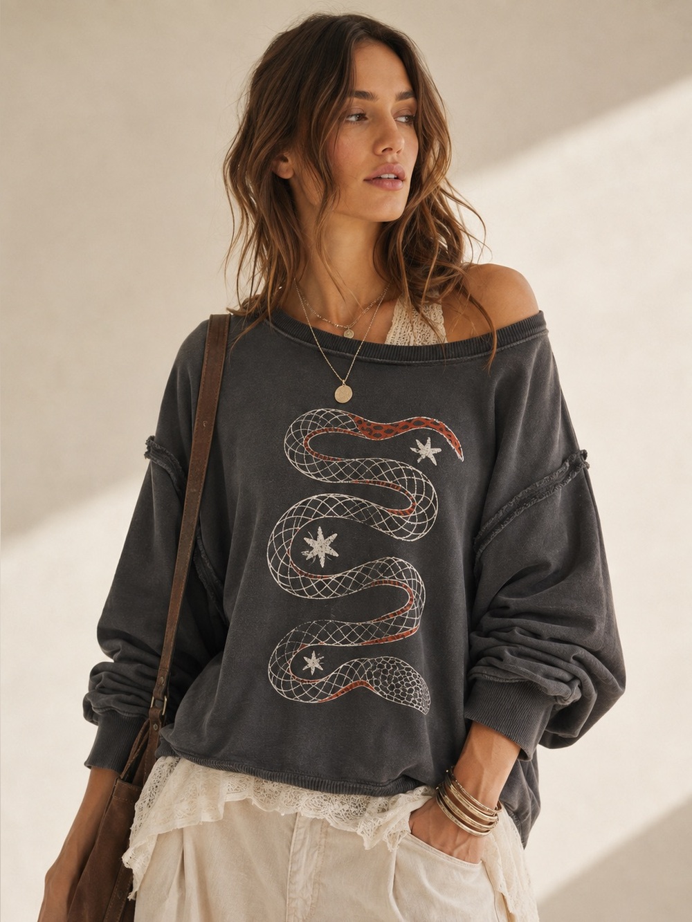Free People Camden Snake Graphic Slouchy Pullover